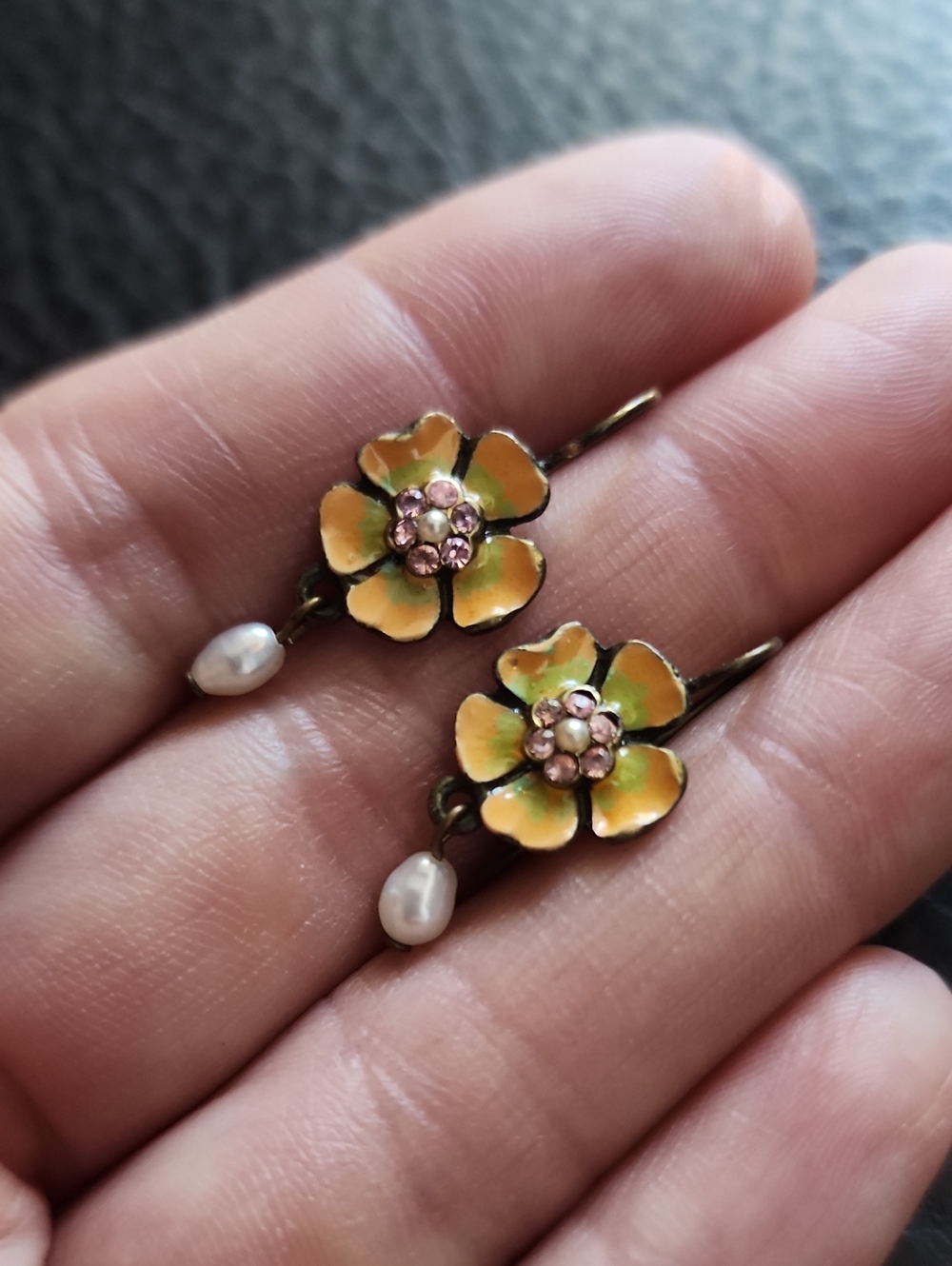 Ben-Amun Yellow Enamel Flower Drop Earrings with Pink Crystal Centers